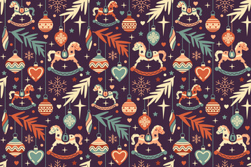 Naklejka premium Tile Noel wallpaper. Flat style seamless design. Vintage Christmas winter backdrop with baby horse, fir tree bauble decorations. Warm and cozy background, retro wrapping paper, fabric.