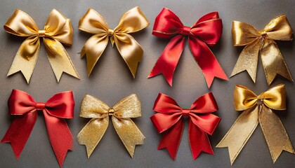 set of red and golden bows on background paper tied bow for design