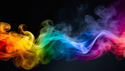 colorful rainbow colored smoke banner on dark black wide panorama background beautiful party concept magical glow abstract banner color drop with copy space - obrazy, fototapety, plakaty