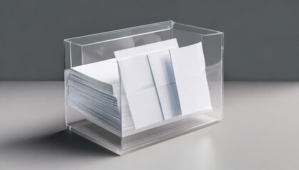 blank white flyers stack mockup in glass plastic holder 3d rendering dl fliers mock ups stand in the acrylic box brochure template holding in plexiglass pocket booklets in plastic tray
