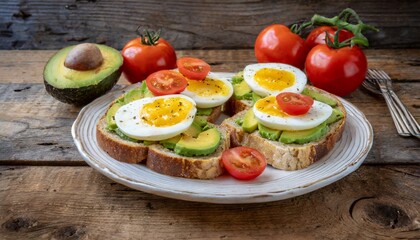 Fototapeta na wymiar healthy avocado egg open sandwiches on a plate with colorful tomatoes against rustic wood