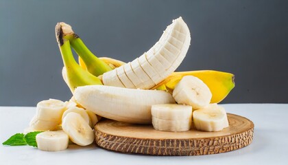 bunch of banana fruits peeled cut bananas on white background - obrazy, fototapety, plakaty