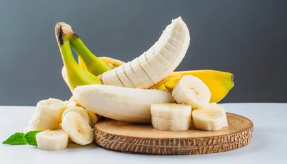 Fotobehang bunch of banana fruits peeled cut bananas on white background © Katherine