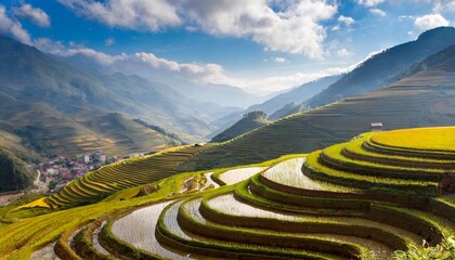 rice fields on terraced of mu cang chai vietnam - obrazy, fototapety, plakaty