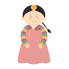 Cute girl in traditional Korean clothes hanbok character, isolated. Hand drawn cartoon vector illustration. Flat style design. New Year Seollal, Chuseok holiday card, poster, banner element