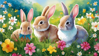 rabbits art design of cute little easter bunnies in the meadow