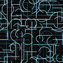 Seamless pattern with geometric shapes in blue shades on a black background. Vector illustration for prints on fabrics, packaging and for the design of surfaces and fills