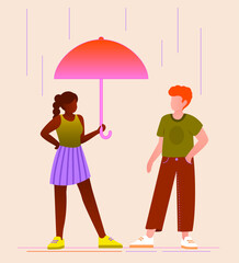 Illustration vectorielle d’une jeune femme noire tenant un parapluie sous la pluie devant un homme roux - obrazy, fototapety, plakaty