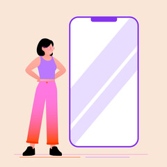 Illustration vectorielle d’une jeune femme blanche regardant un portable géant