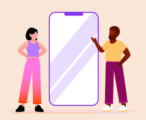 Illustration vectorielle d’un homme et une femme regardant un portable géant