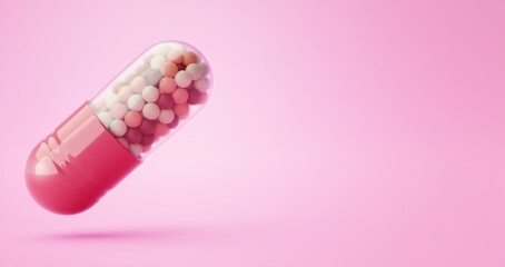 Mid-air medical capsule with medicine granules isolated on pink background with space for text. Pharmacology and pharmaceutical research concept. 3d render. - 705815818