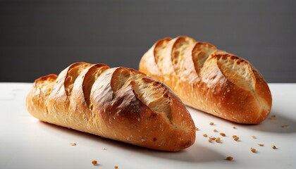 two crusty mini baguettes on white surface - obrazy, fototapety, plakaty