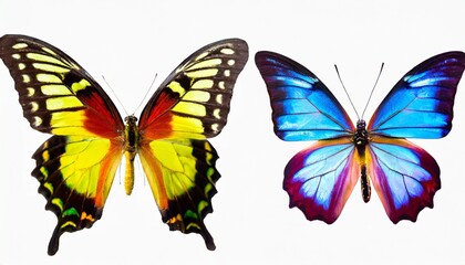 Fototapeta premium set two beautiful colorful bright multicolored tropical butterflies with wings spread and in flight on white background close up macro