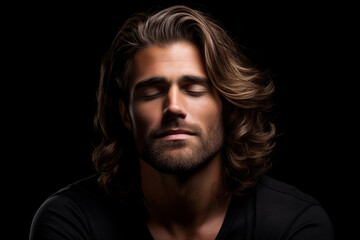 Fototapeta premium Handsome Caucasian man contented expression and healthy hair against black background