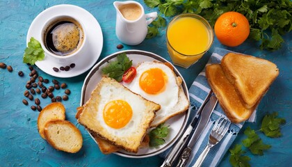 breakfast with two fried eggs toasts orange juice and coffee - obrazy, fototapety, plakaty