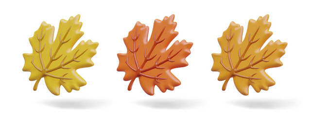 Set of realistic maple leaves of different colors. Yellowed autumn leaves. Isolated textured 3D illustration. Templates for fall design. Seasonal discounts