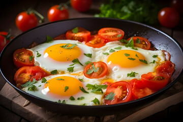 Delicious fried eggs with tomatoes in a frying pan on a wooden table