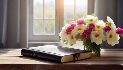 holy bible with flowers on wooden table background against window light with copy space