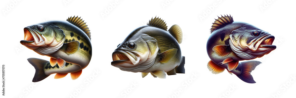 Wall mural collection set of largemouth bass fish, isolated over on transparent white background