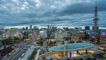 Day to night timelapse of Nagoya cityscape, Aichi Prefecture, Japan. 