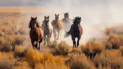 Group of wild horses running through an open field, dust trailing behind them - obrazy, fototapety, plakaty