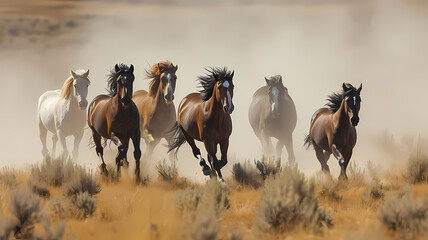 Group of wild horses running through an open field, dust trailing behind them
