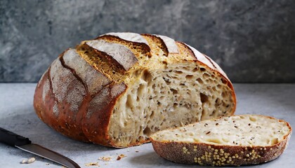 cut a loaf of artisanal bread on sourdough - obrazy, fototapety, plakaty