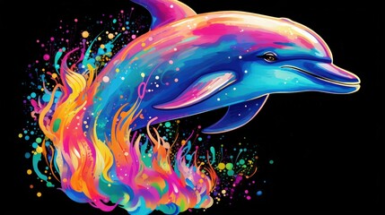 Colorful Dolphin on dark background. Generative AI
