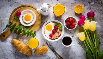 continental breakfast on stone table from above flat lay - obrazy, fototapety, plakaty