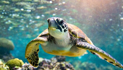 portrait of a happy sea turtle swimming underwater generative ai