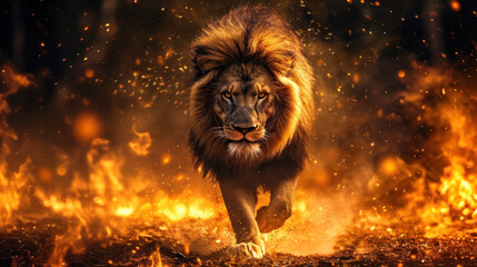 Lion walking through fire.