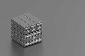 3D rendered stack of blocks representing software application container layers , isolated on grey background