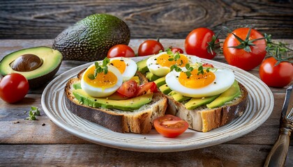 healthy avocado egg open sandwiches on a plate with colorful tomatoes against rustic wood