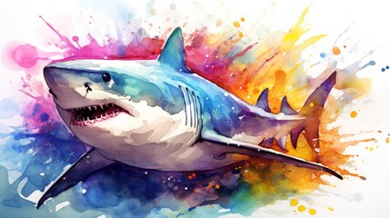 Watercolor painting illustration of colorful Shark on white background. Generative AI