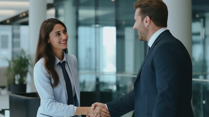 Happy confident male recruit handshaking beautiful employer getting hired at new job. Smiling young professional manager shake hand of female client or customer making business deal at office meeting. - Powered by Adobe