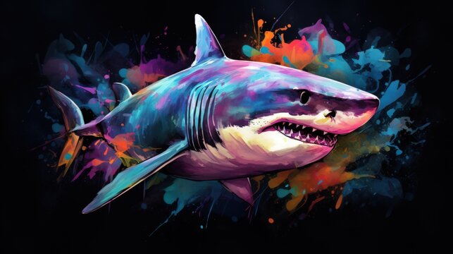 Watercolor painting illustration of colorful Shark on dark background. Generative AI