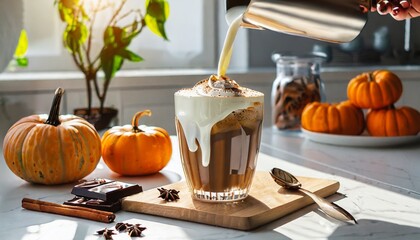 pouring milk into a glass with warm coffee drink with pumpkin spice or cinnamon whipped milk foam and chocolate in a white sunlit modern kitchen interior generative ai technology - obrazy, fototapety, plakaty