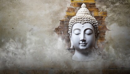 abstract grungy old wall over white buddha head with smoke over vintage wall background