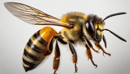 a close up of flying bee on white background - obrazy, fototapety, plakaty
