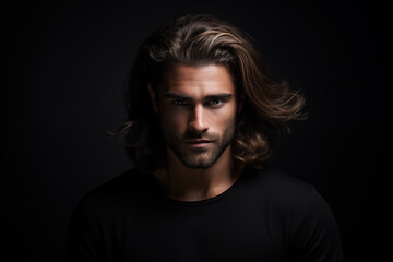 Fototapeta premium Handsome Caucasian man contented expression and healthy long hair looking at camera