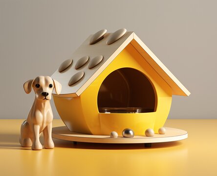 A small dog standing next to a yellow dog house Generative AI
