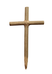 old wooden cross tied with rope on transparent background