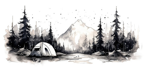 Black and white watercolor painting of a tent view under the mountains isolated on transparent background. Watercolor camping hand drawn 