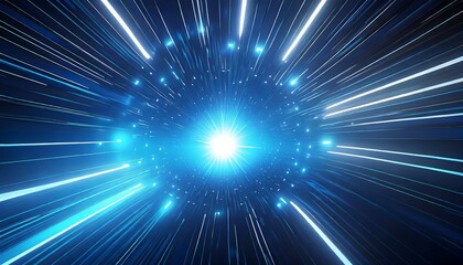 a 3d render of an irregularly shaped hyperspace tunnel radiating energy and light bright stars illuminate the blue explosion creating a futuristic concept of contorted space