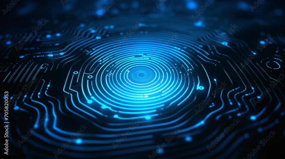 Aufkleber a blue and white computer circuit board with a blue circle in the center generative ai