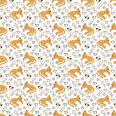 Cat doodle. Seamless pattern with cute abstract cat and things for cat. Great for wrapping paper.