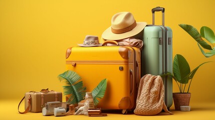 Wanderlust Dreams: Packed Suitcase with Travel Essentials on Vibrant Yellow Background, Ready for Adventure and Holiday Getaway Planning.