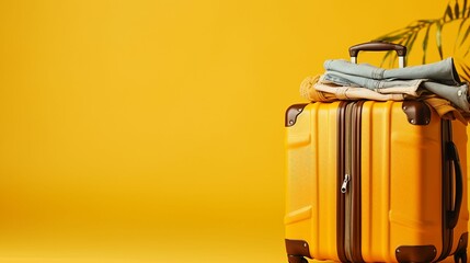 Wanderlust Dreams: Packed Suitcase with Travel Essentials on Vibrant Yellow Background, Ready for Adventure and Holiday Getaway Planning.