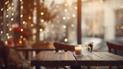 Fotobehang Bokeh background for wallpaper, a cozy cafe interior with fairy lights, giving a warm and inviting feel © anupdebnath
