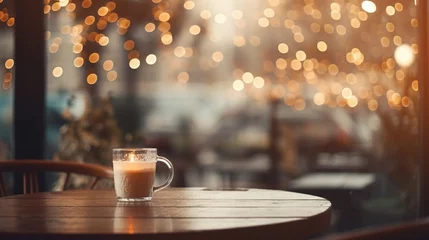 Poster Bokeh background for wallpaper, a cozy cafe interior with fairy lights, giving a warm and inviting feel © anupdebnath